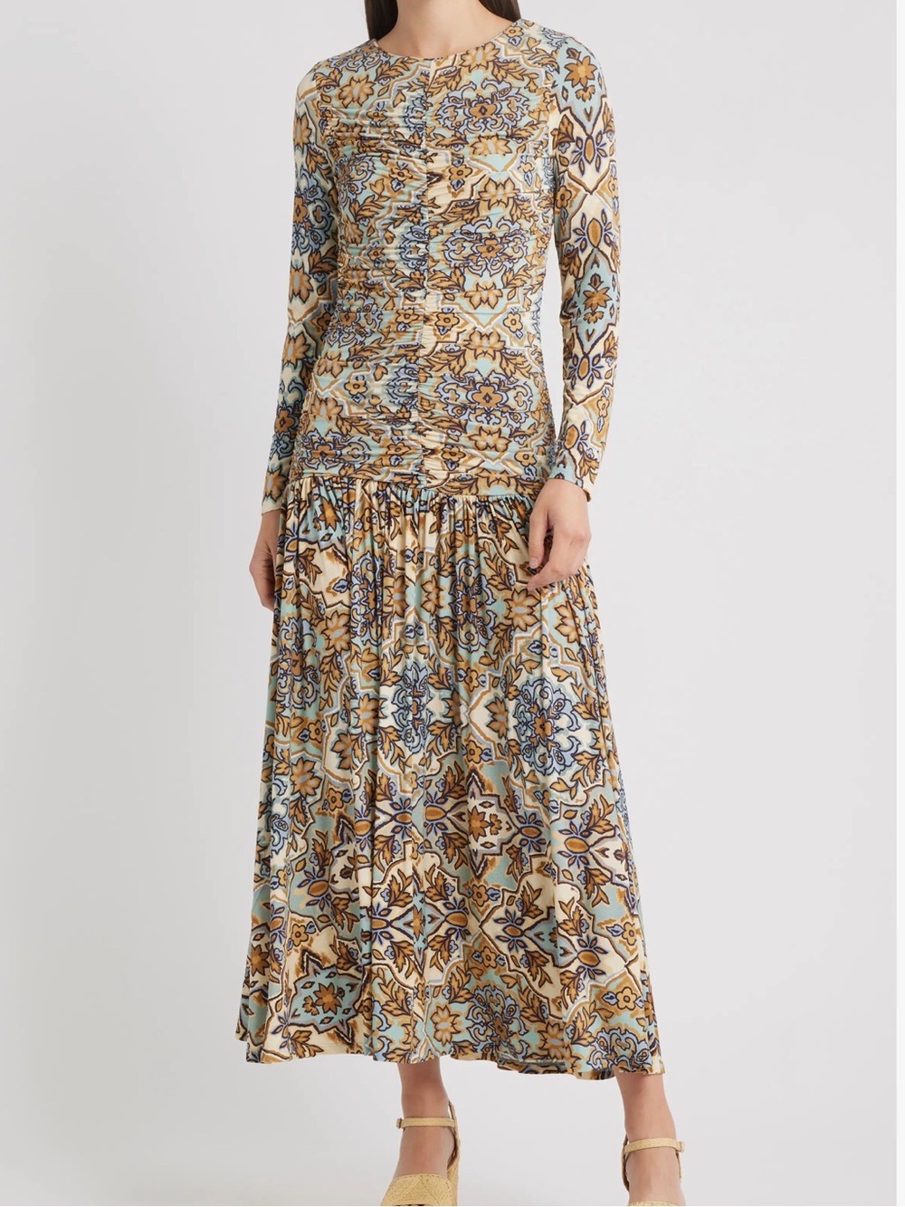 Farm Rio Winter Tapestry Sleeve Midi Dress in Beige and Blue